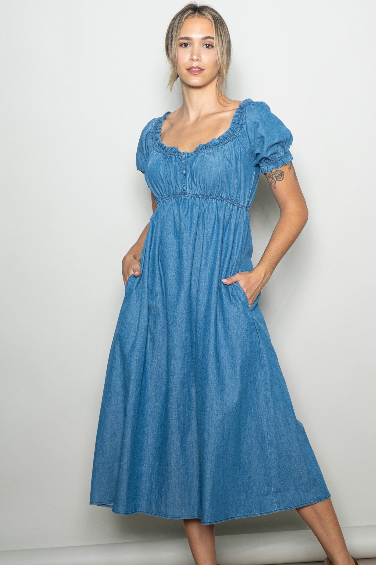 Blue Chambray Ruffle Neckline Maternity Midi Dress