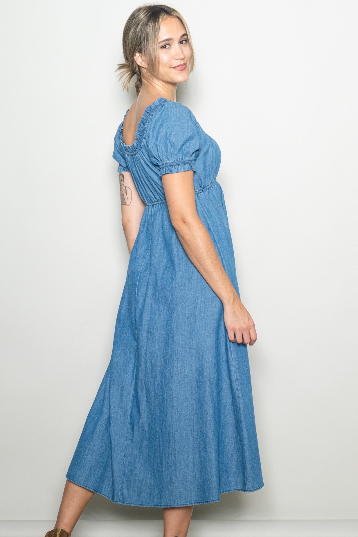 Blue Chambray Ruffle Neckline Midi Dress