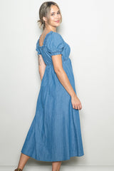 Blue Chambray Ruffle Neckline Midi Dress
