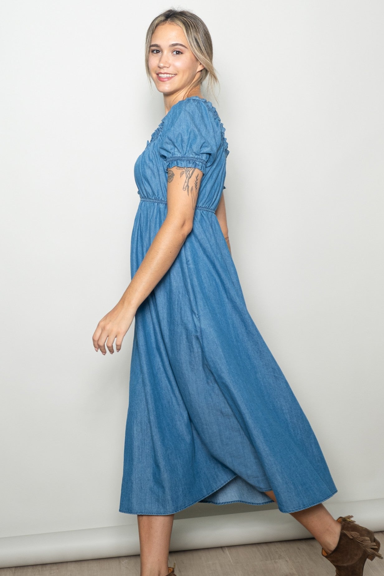 Blue Chambray Ruffle Neckline Midi Dress