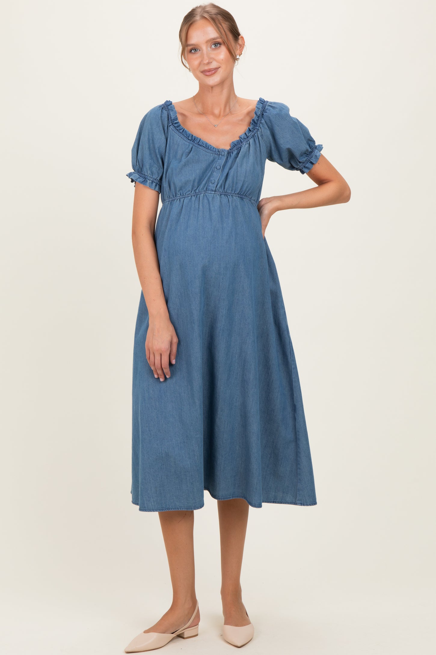 Blue Chambray Ruffle Neckline Maternity Midi Dress