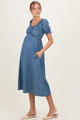 Blue Chambray Ruffle Neckline Maternity Midi Dress