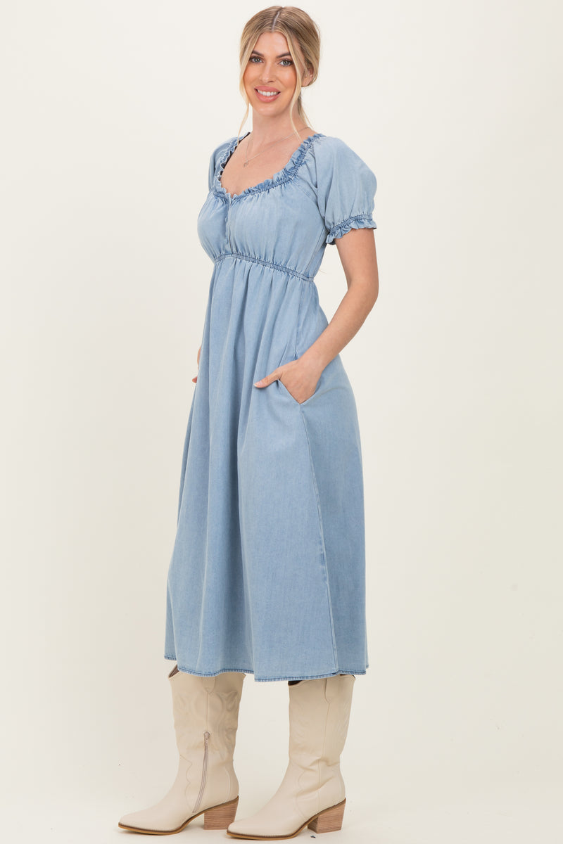 Light Blue Chambray Ruffle Neckline Midi Dress – PinkBlush