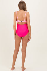 Pink Striped Color Block Cutout Maternity Swimsuit