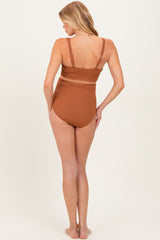 Rust Ribbed Twist Front Cutout Two Piece Maternity Swimsuit
