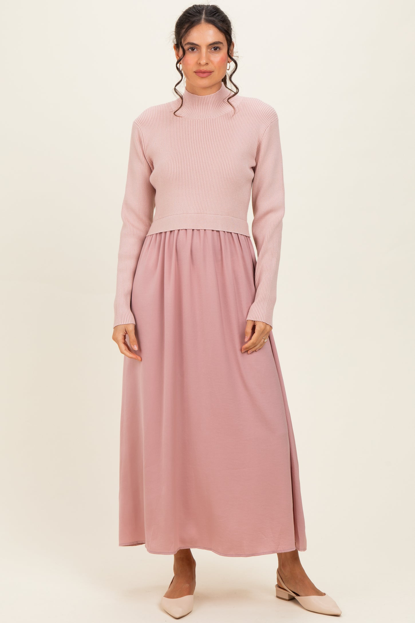 Mauve Knit Contrast Top Satin Midi Dress – PinkBlush