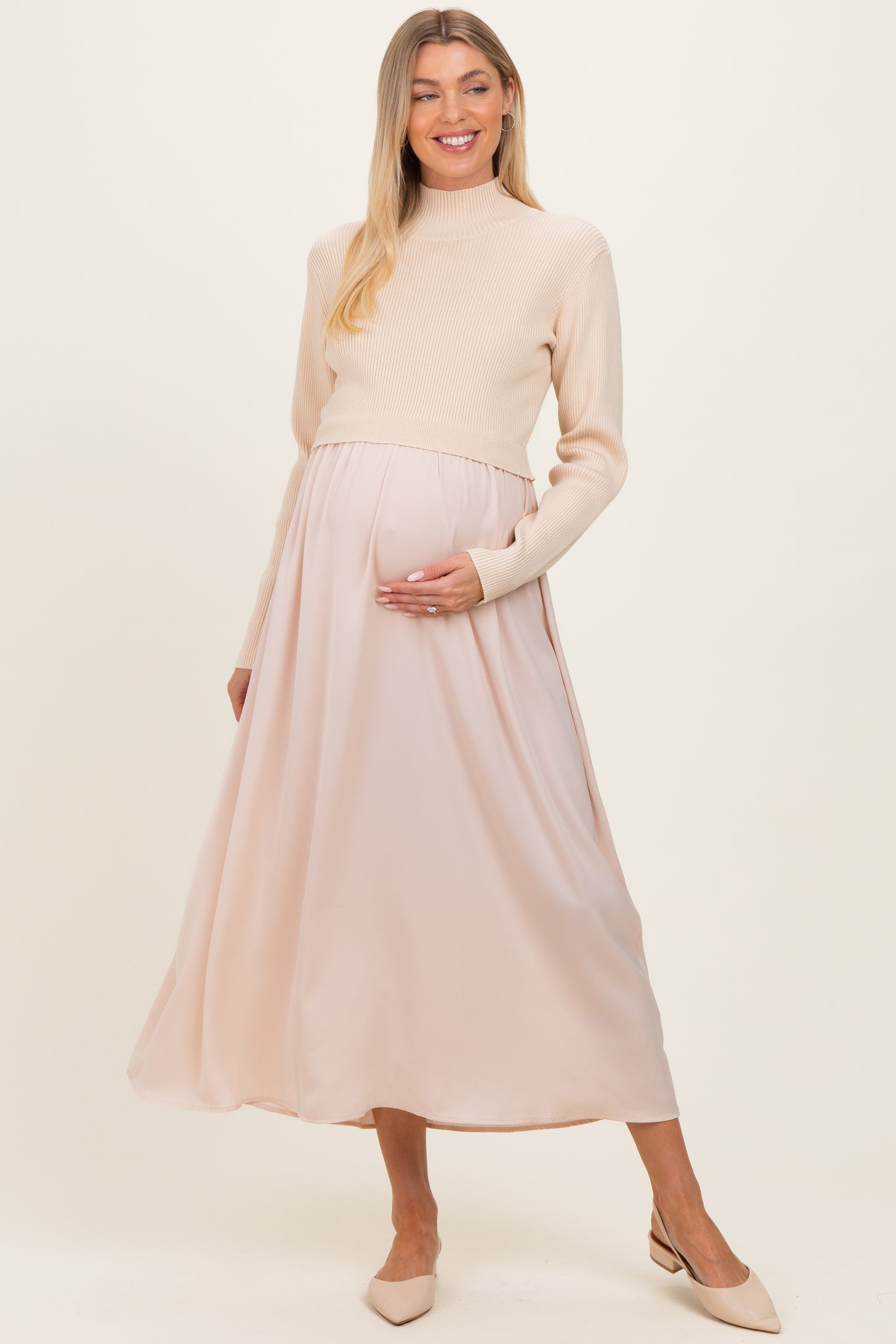Light Beige Knit Contrast Top Satin Maternity Midi Dress – PinkBlush