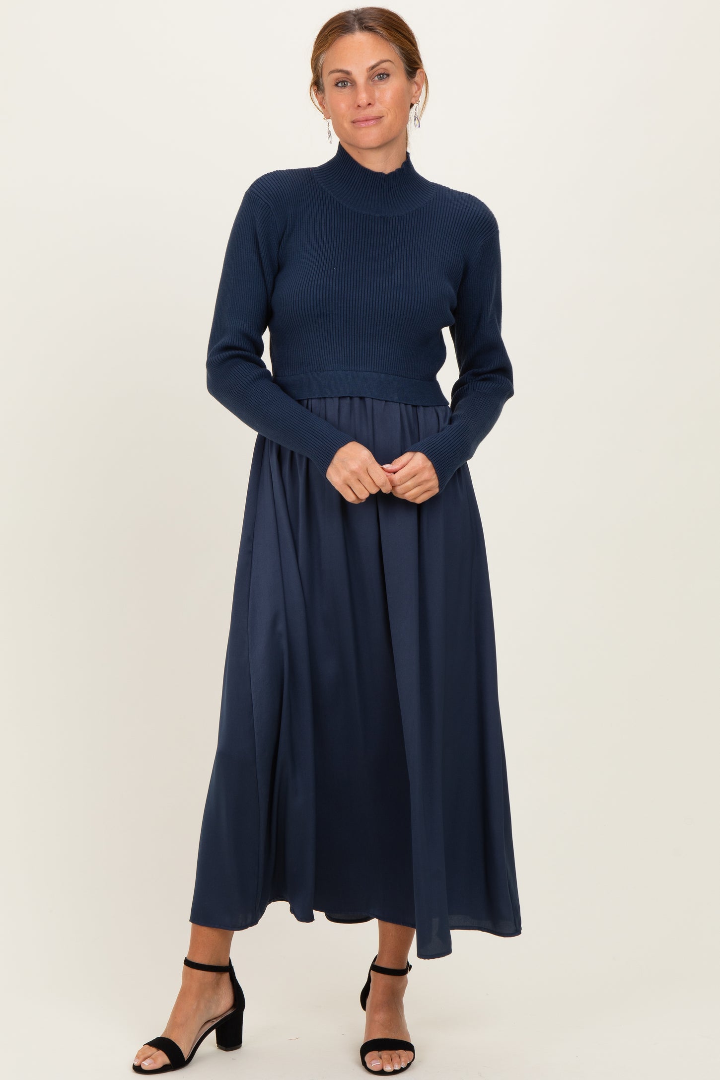 Navy Knit Contrast Top Satin Maternity Midi Dress