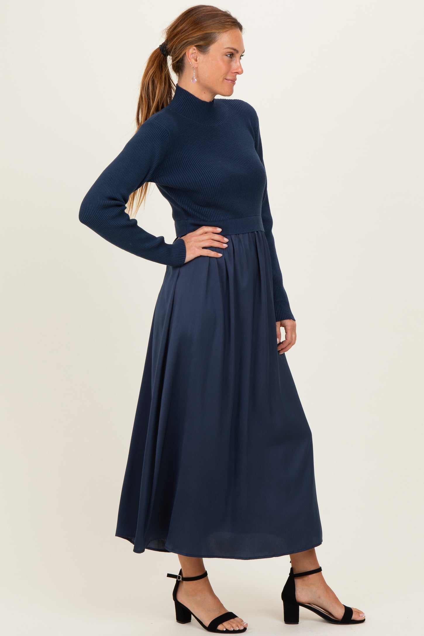 Navy Knit Contrast Top Satin Midi Dress