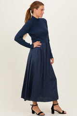 Navy Knit Contrast Top Satin Midi Dress