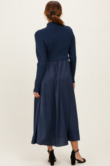 Navy Knit Contrast Top Satin Midi Dress