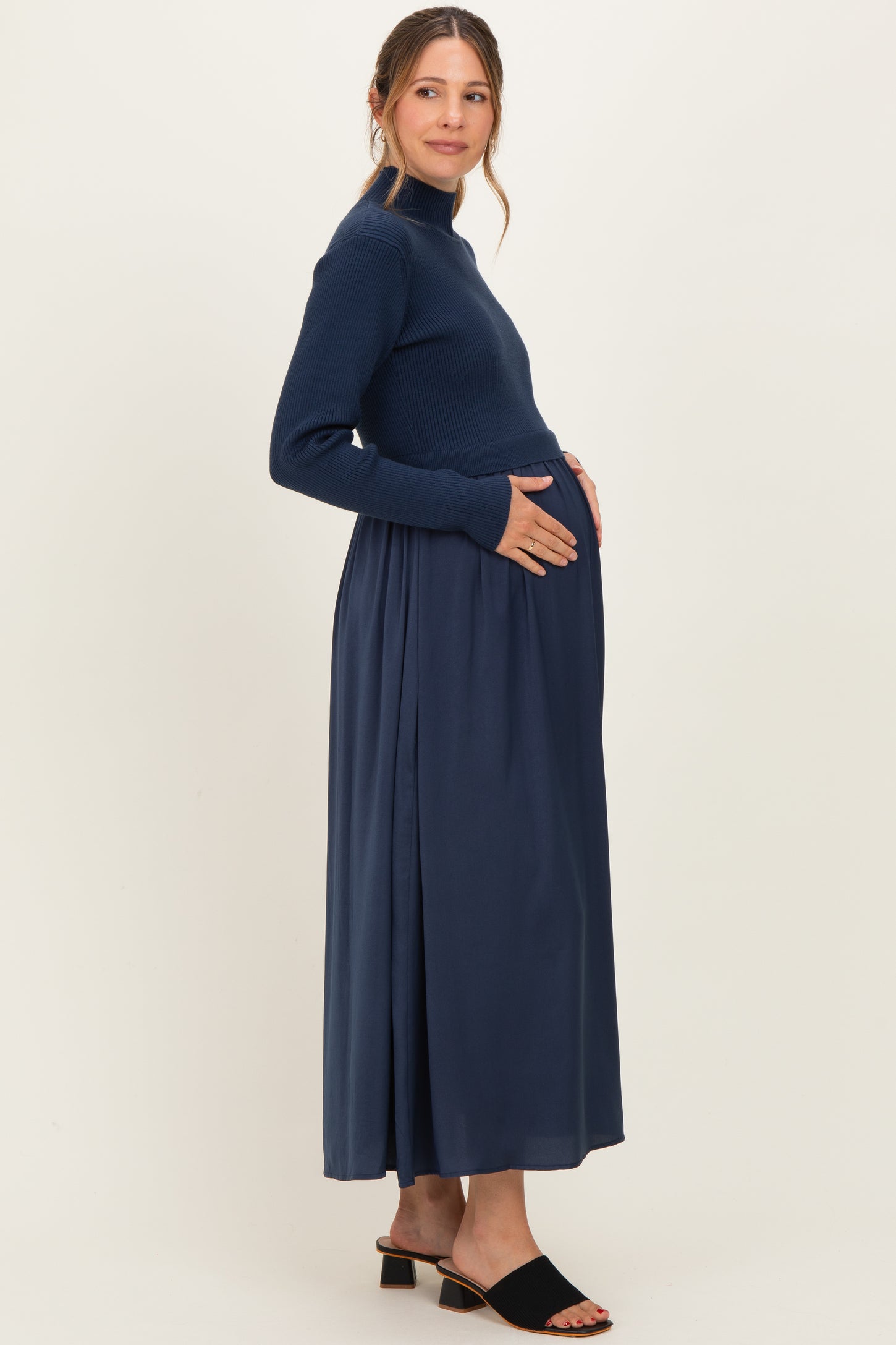 Navy Knit Contrast Top Satin Maternity Midi Dress