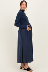 Navy Knit Contrast Top Satin Maternity Midi Dress
