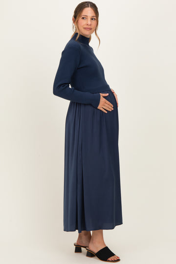 Navy Knit Contrast Top Satin Maternity Midi Dress