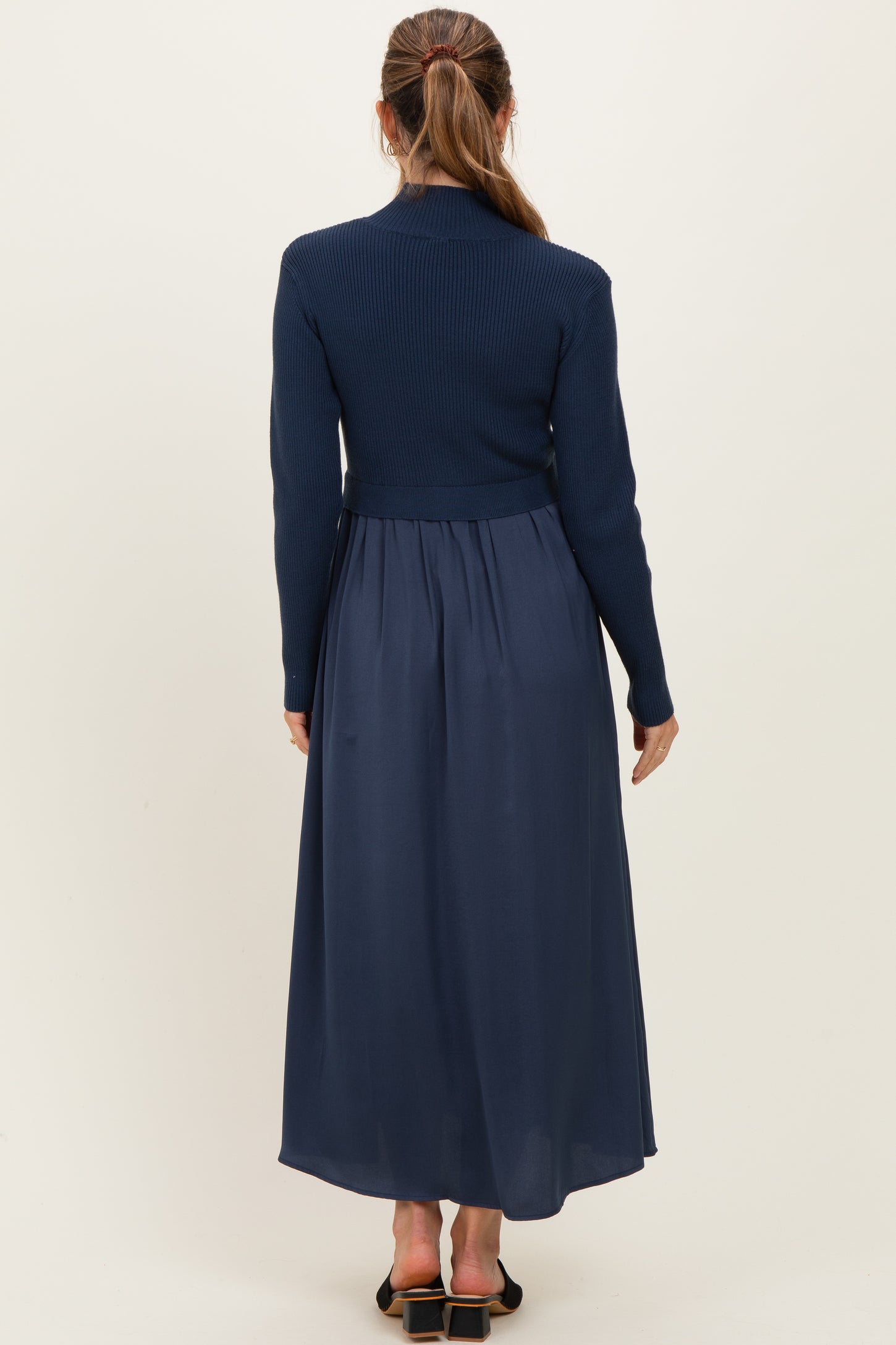 Navy Knit Contrast Top Satin Maternity Midi Dress