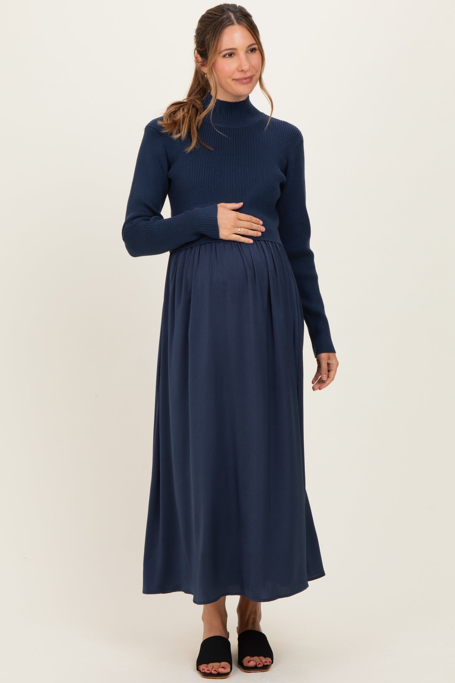 Navy Knit Contrast Top Satin Maternity Midi Dress