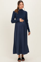 Navy Knit Contrast Top Satin Maternity Midi Dress