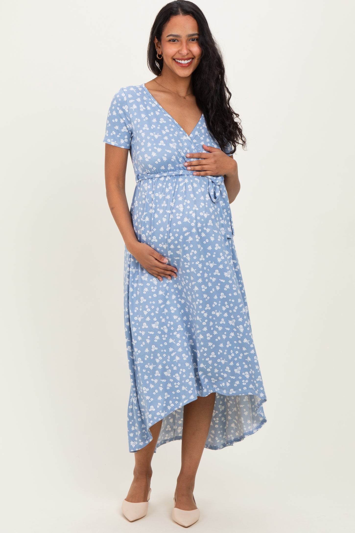 Blue Floral Print Short Sleeve Hi-Low Maternity Wrap Dress