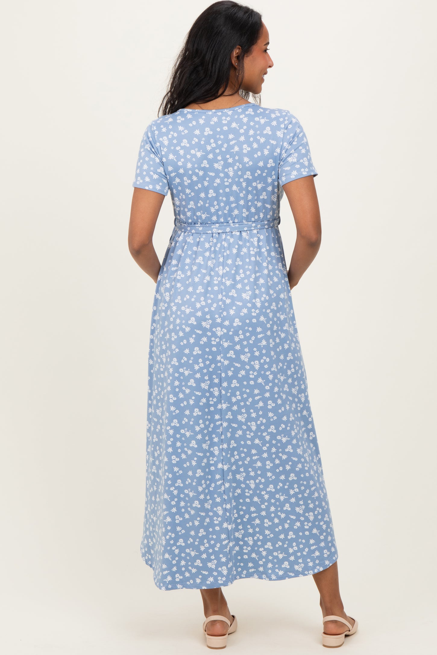 Blue Floral Print Short Sleeve Hi-Low Maternity Wrap Dress Blue Floral Print Short Sleeve Hi-Low Maternity Wrap Dress