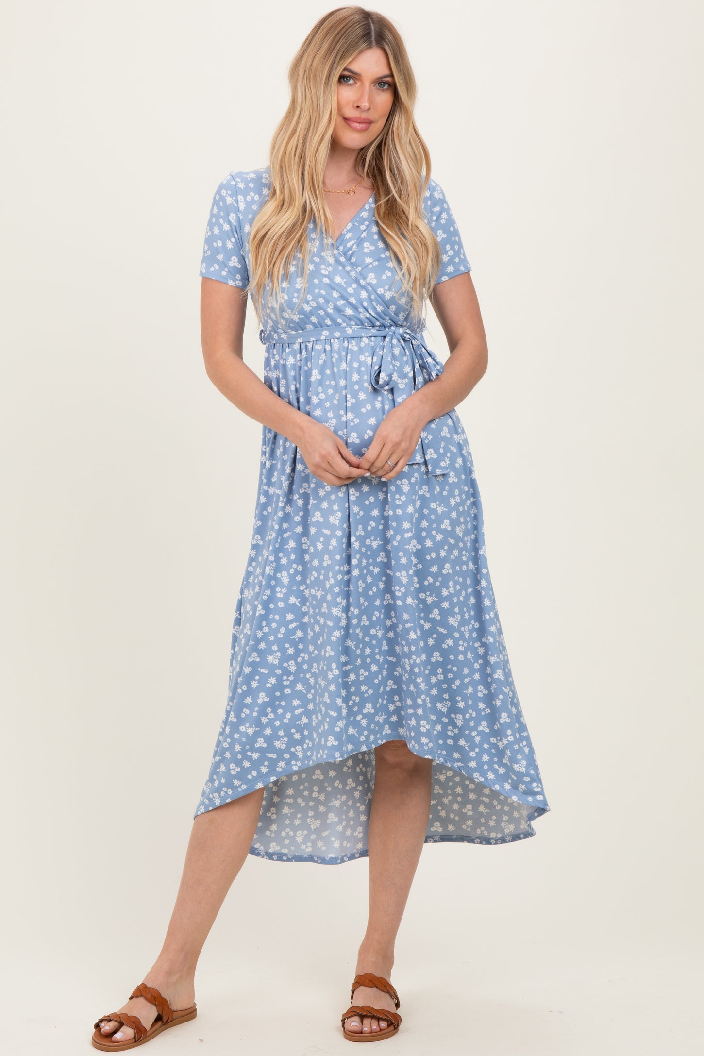 Blue Floral Print Short Sleeve Hi-Low Maternity Wrap Dress