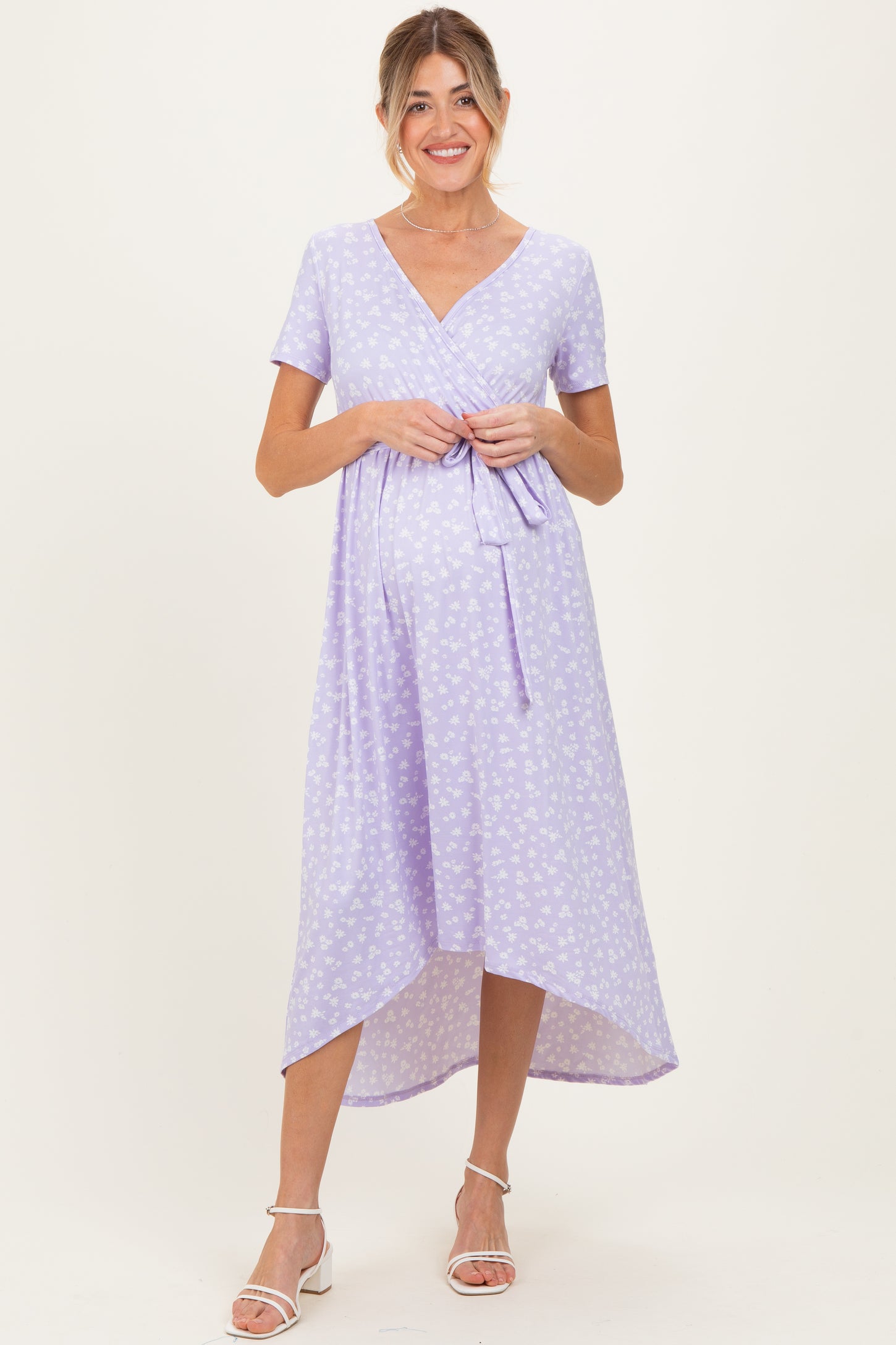 Lavender Floral Print Short Sleeve Hi-Low Maternity Wrap Dress