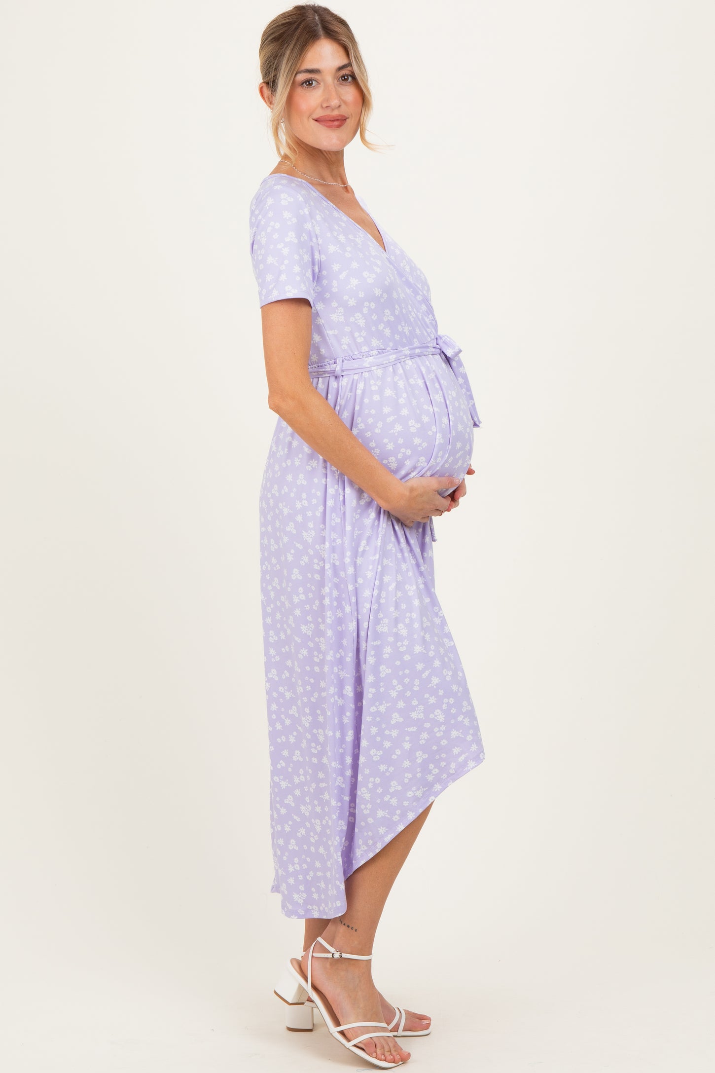 Lavender Floral Print Short Sleeve Hi-Low Maternity Wrap Dress