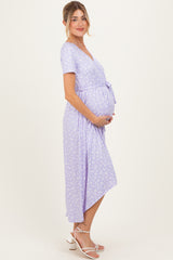 Lavender Floral Print Short Sleeve Hi-Low Maternity Wrap Dress