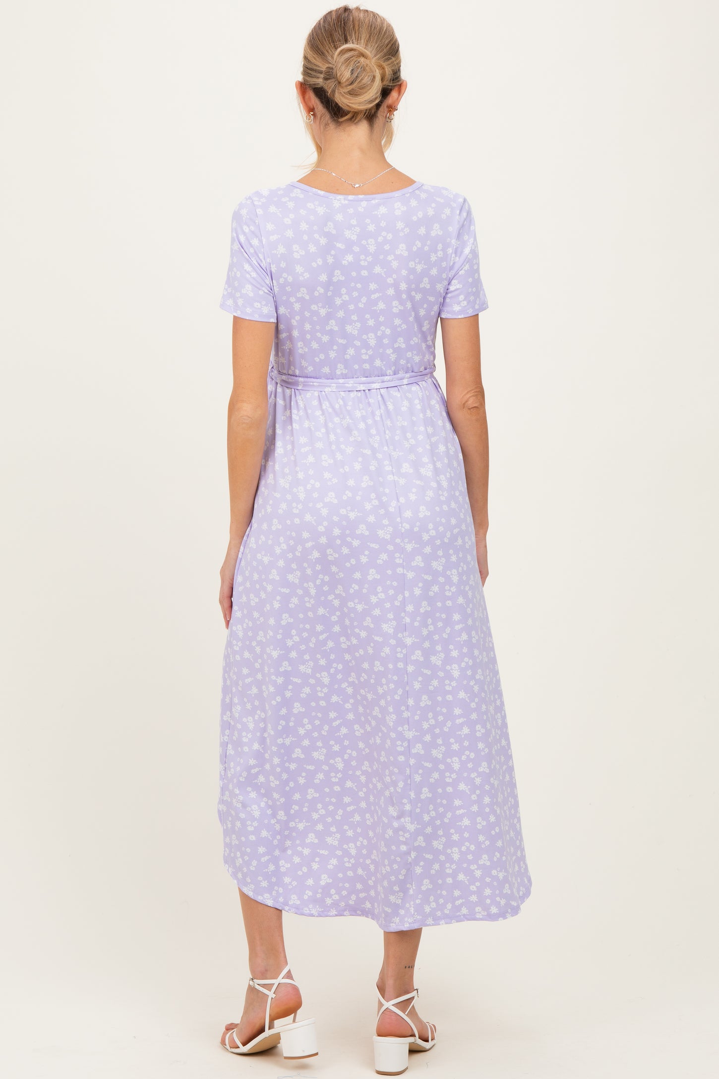 Lavender Floral Print Short Sleeve Hi-Low Maternity Wrap Dress
