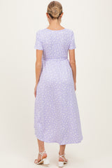 Lavender Floral Print Short Sleeve Hi-Low Maternity Wrap Dress
