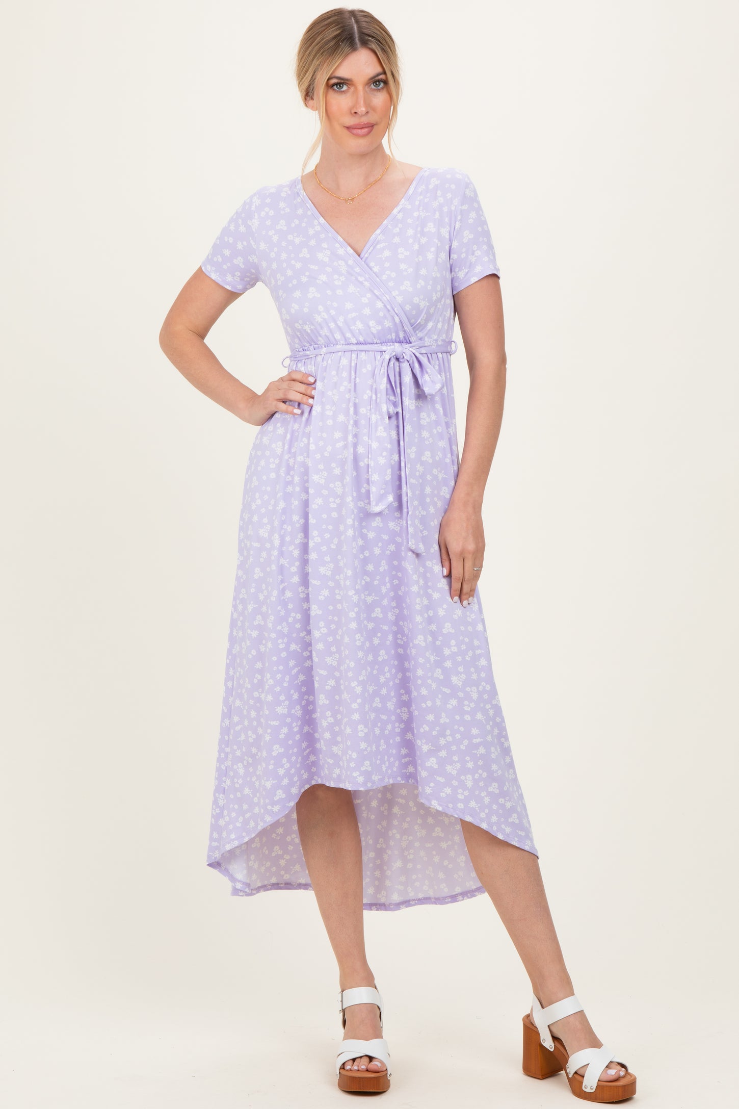 Lavender Floral Print Short Sleeve Hi-Low Maternity Wrap Dress