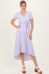 Lavender Floral Print Short Sleeve Hi-Low Maternity Wrap Dress