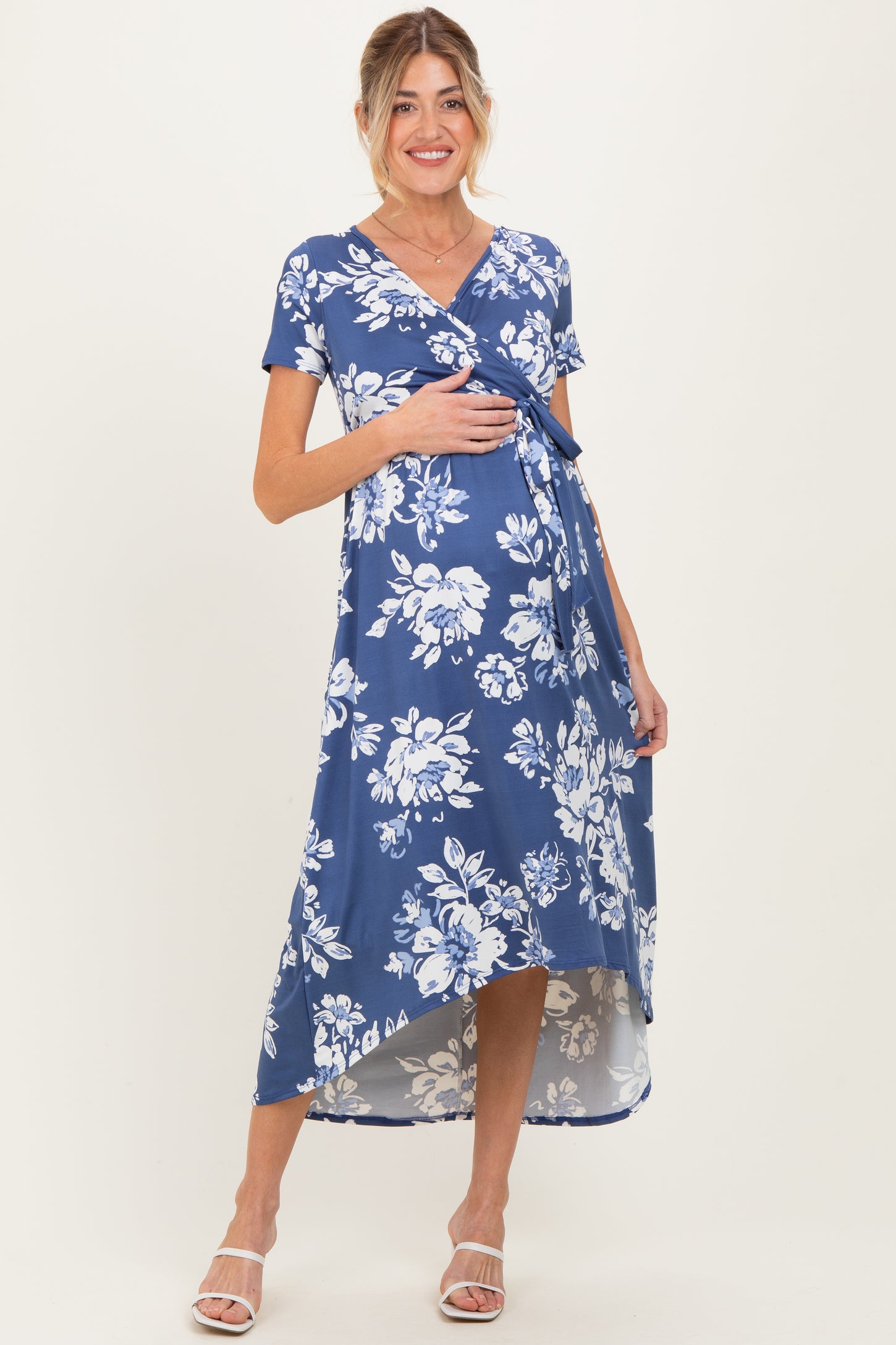 Denim Blue Floral Print Short Sleeve Hi-Low Maternity Wrap Dress Denim Blue Floral Print Short Sleeve Hi-Low Maternity Wrap Dress