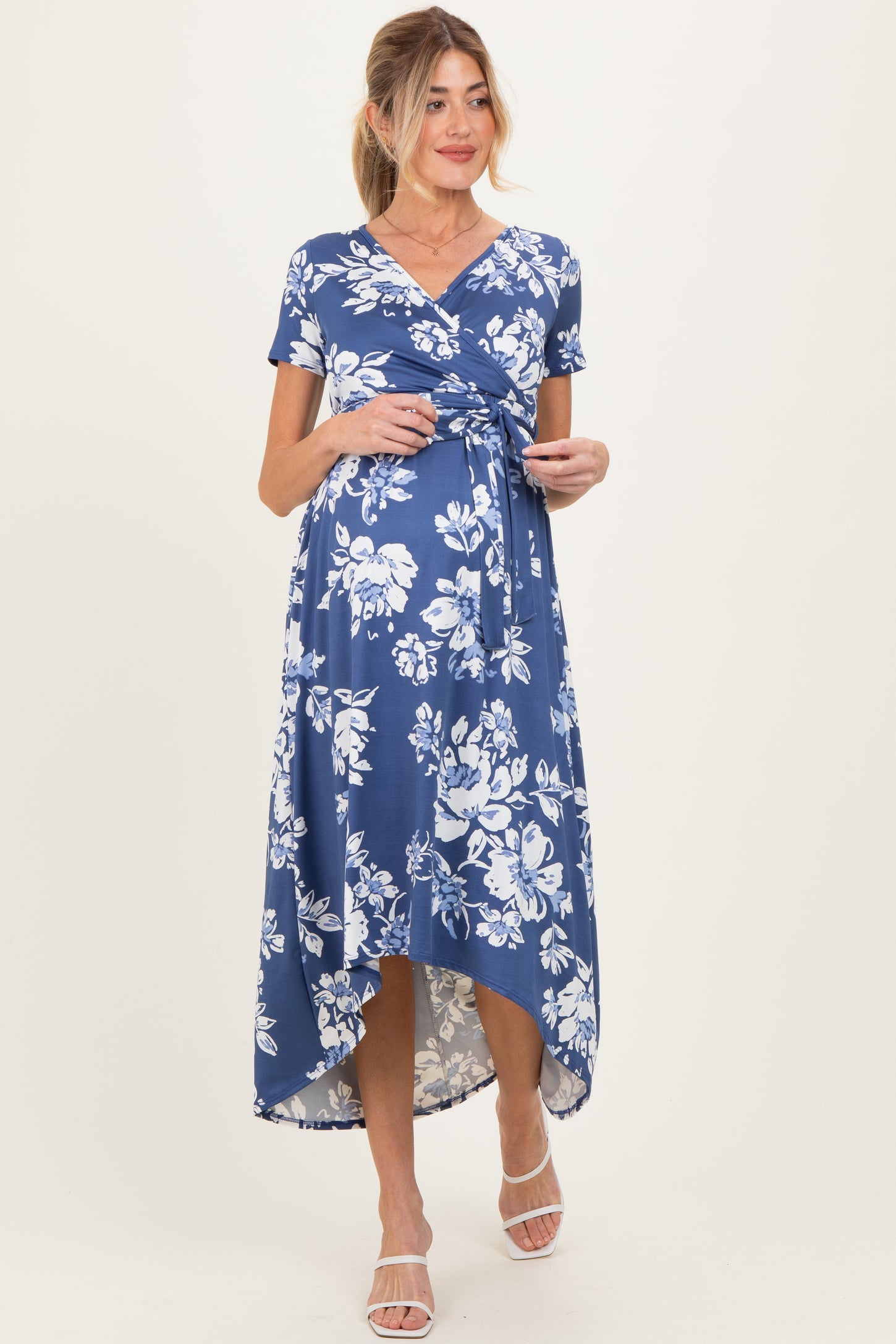 Denim Blue Floral Print Short Sleeve Hi-Low Maternity Wrap Dress PinkBlush Denim Blue Floral Print Short Sleeve Hi-Low Maternity Wrap Dress PinkBlush