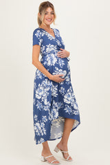 Denim Blue Floral Print Short Sleeve Hi-Low Maternity Wrap Dress