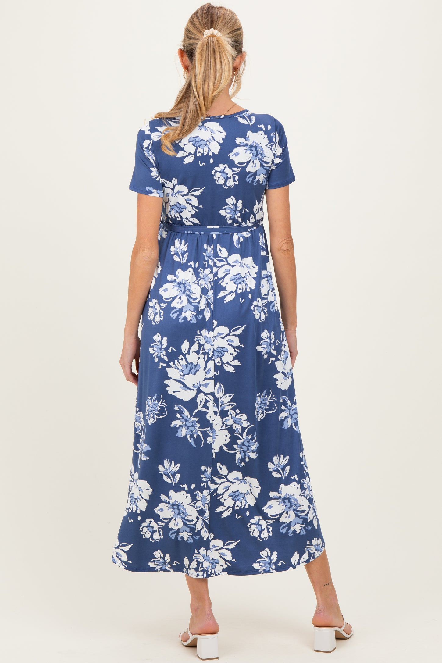 Denim Blue Floral Print Short Sleeve Hi-Low Maternity Wrap Dress PinkBlush Denim Blue Floral Print Short Sleeve Hi-Low Maternity Wrap Dress PinkBlush