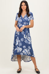 Denim Blue Floral Print Short Sleeve Hi-Low Wrap Dress