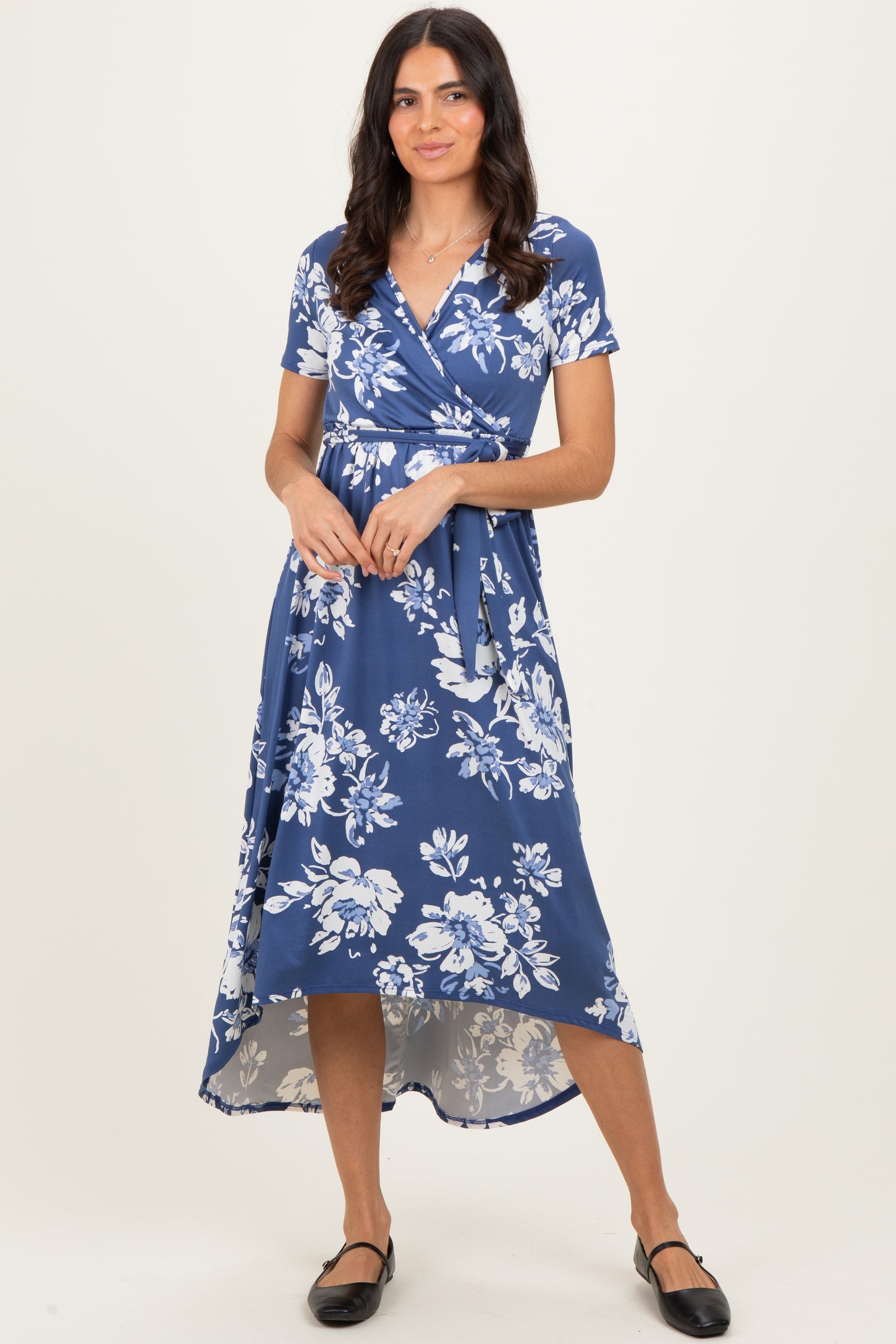 Denim Blue Floral Print Short Sleeve Hi-Low Maternity Wrap Dress