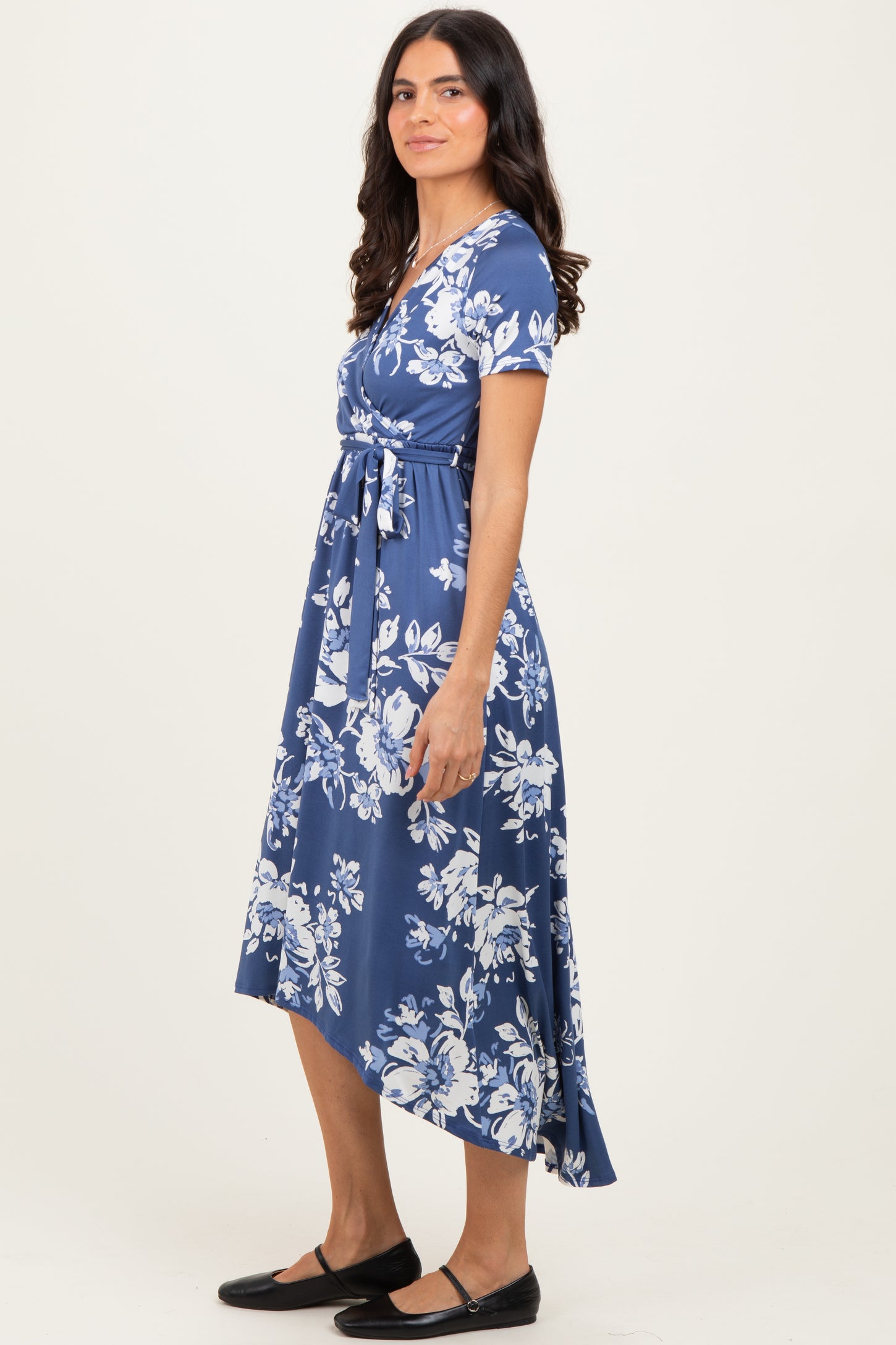 Denim Blue Floral Print Short Sleeve Hi-Low Wrap Dress