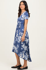 Denim Blue Floral Print Short Sleeve Hi-Low Wrap Dress