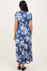 Denim Blue Floral Print Short Sleeve Hi-Low Wrap Dress