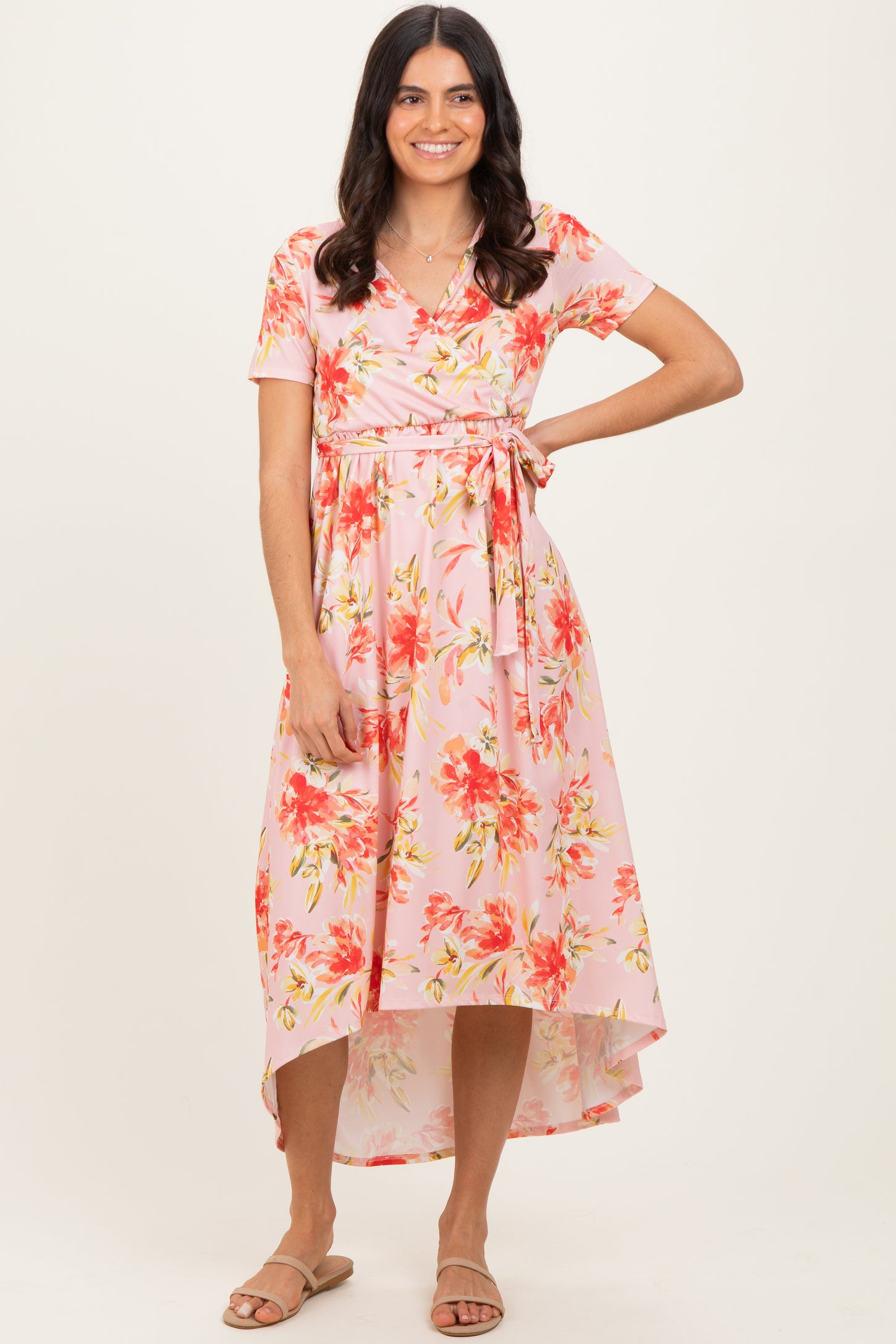 Peach Floral Print Short Sleeve Hi-Low Maternity Wrap Dress