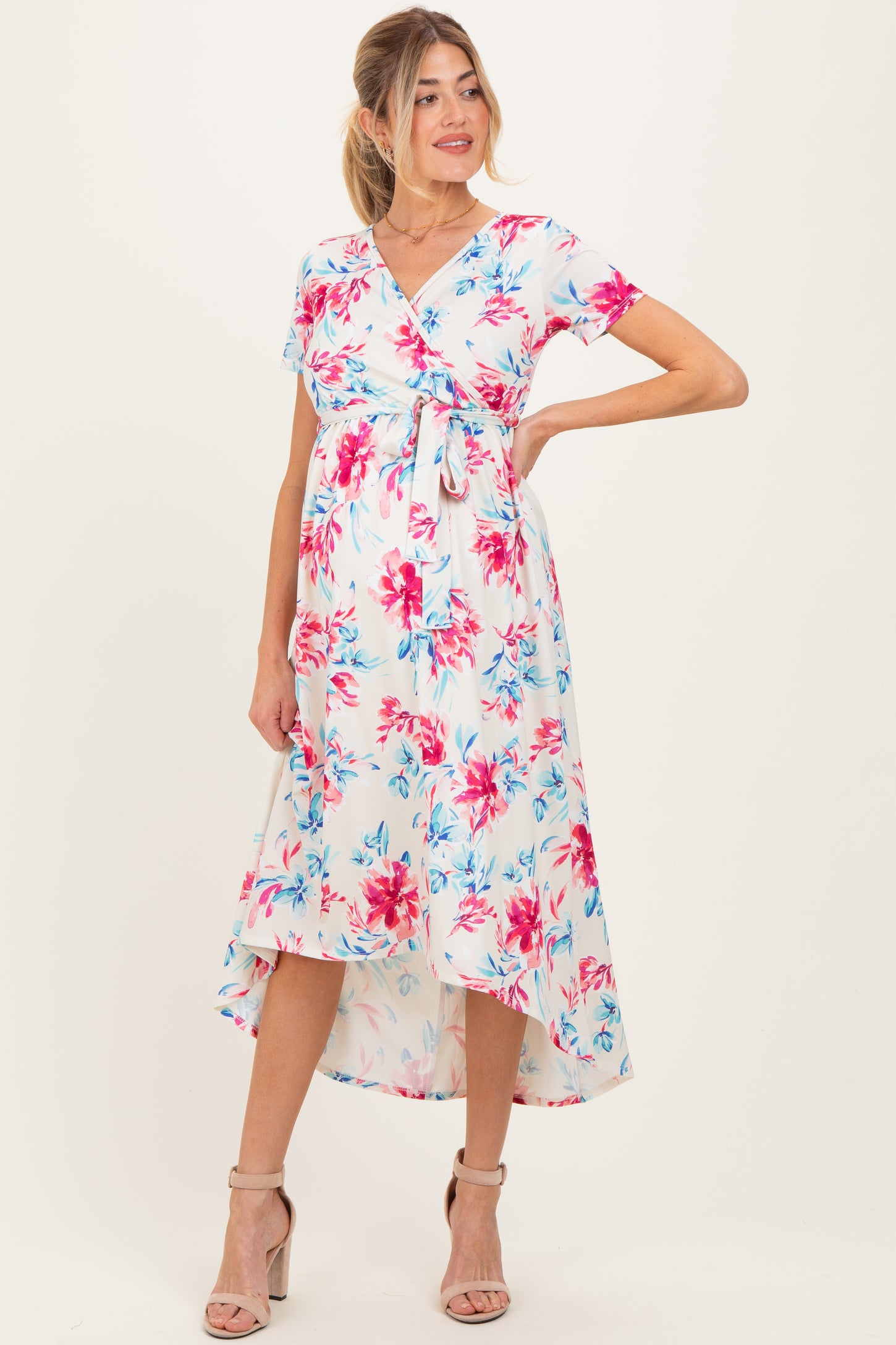 pink blush maternity wrap dress Light Pink Floral Wrap Maternity Maxi Dress PinkBlush