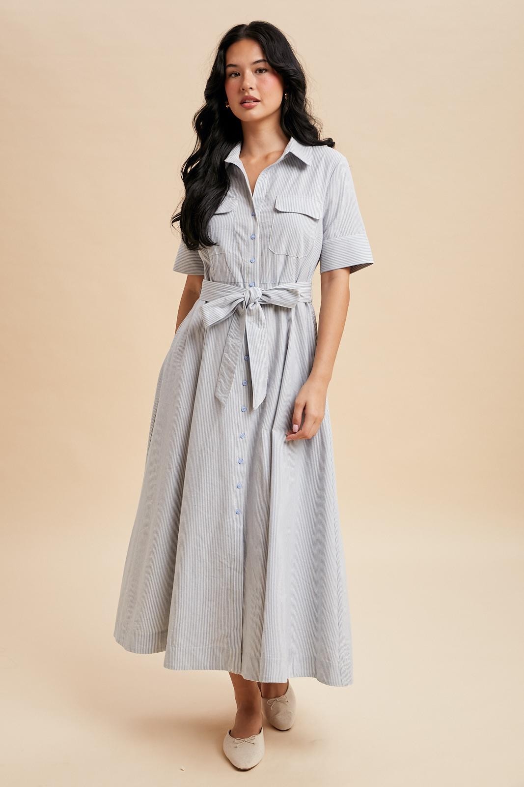 Light Blue Striped Cotton Button Down Maxi Dress