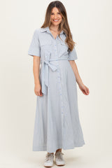 Light Blue Striped Cotton Button Down Maternity Maxi Dress
