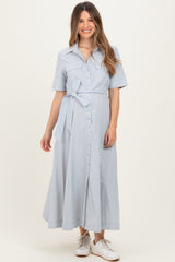 Light Blue Striped Cotton Button Down Maternity Maxi Dress