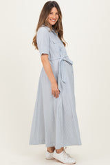 Light Blue Striped Cotton Button Down Maternity Maxi Dress