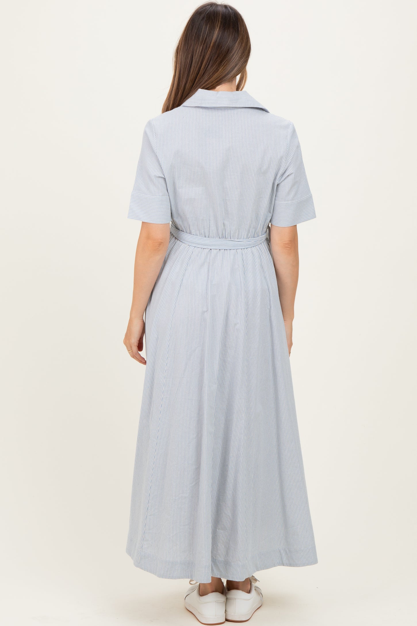 Light Blue Striped Cotton Button Down Maternity Maxi Dress