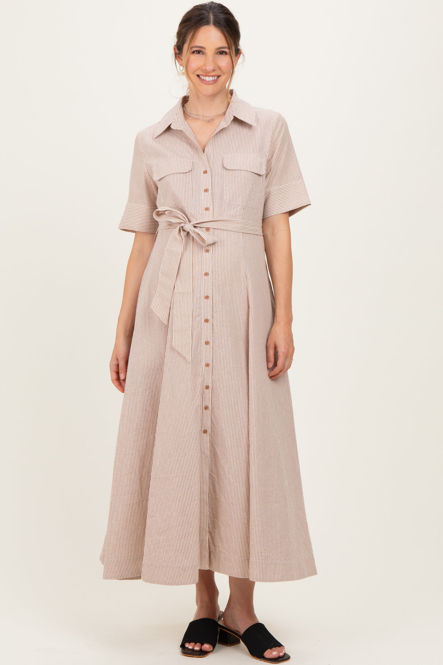 Beige Striped Cotton Button Down Maternity Maxi Dress