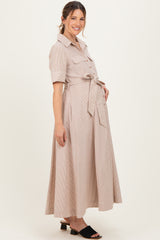 Beige Striped Cotton Button Down Maternity Maxi Dress
