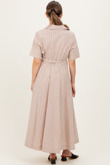 Beige Striped Cotton Button Down Maternity Maxi Dress